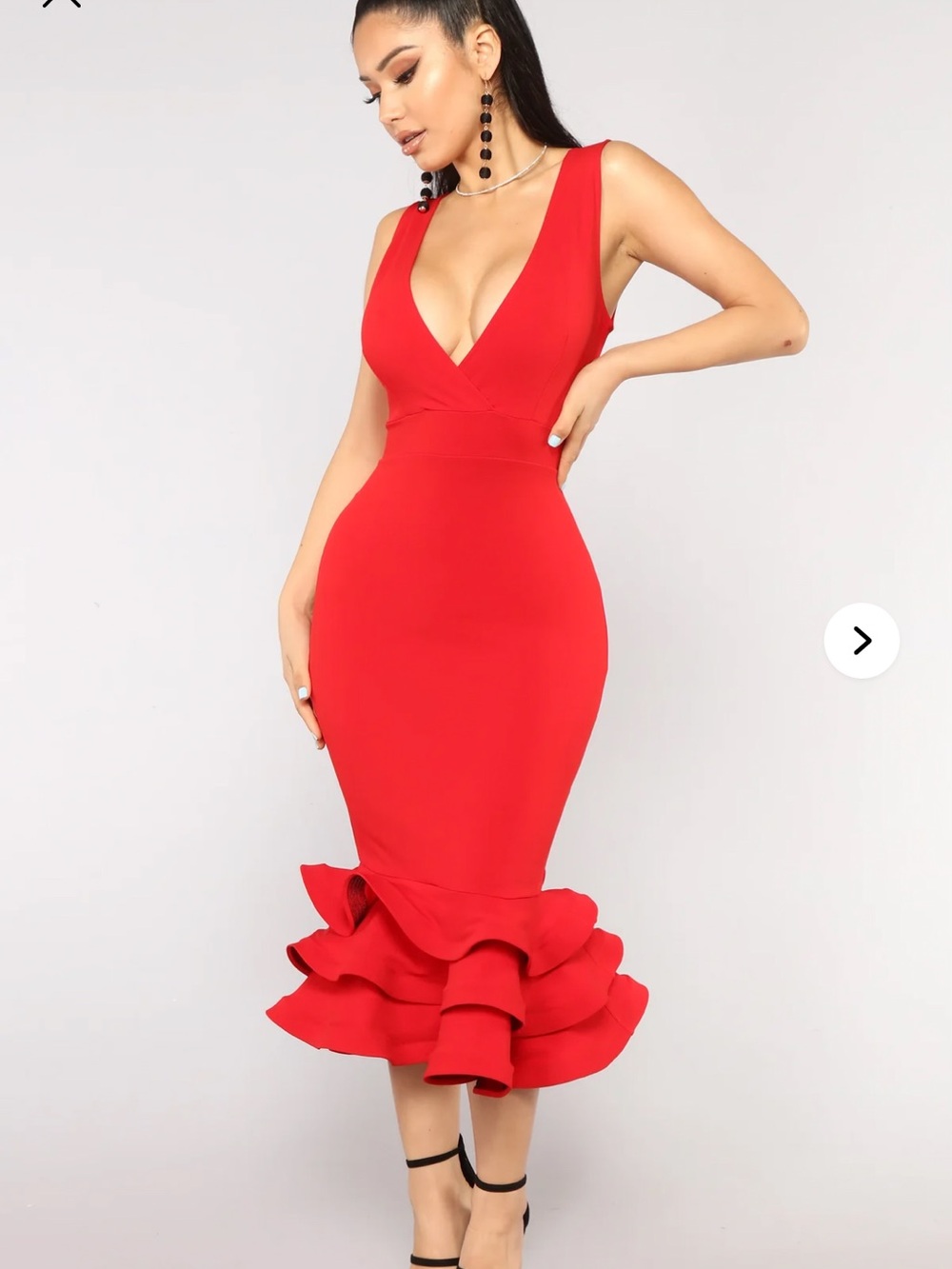 Red Deep-V Ruffle-Hem Midi Dress